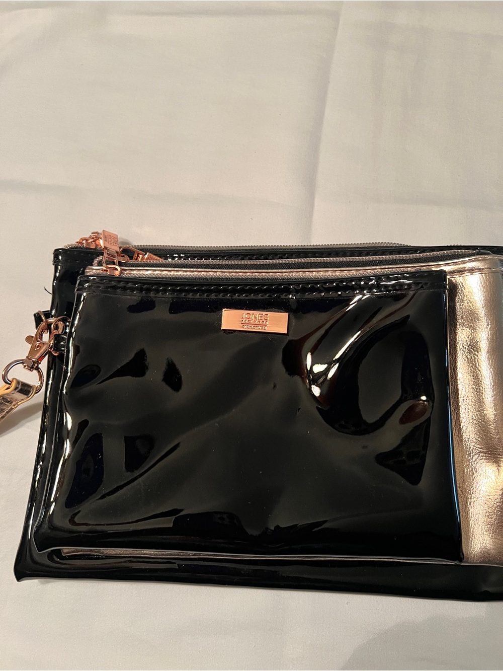 Black Patent Wristlet Clutch with Rose Gold Accent